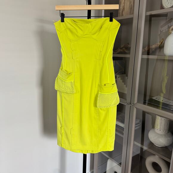 Versace Neon Chartreuse Bustier Dress 42 Strapless Silk Fishnet Pocket Mini - Picture 1 of 5